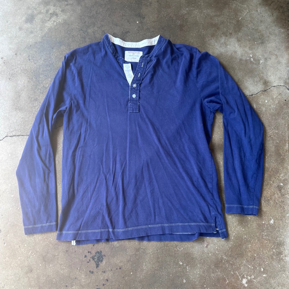 Hudson & Barrow Henley Shirt Mens Large Blue Excellent Long Sleeve Stitch